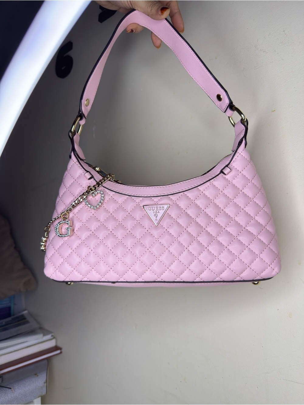 GUESS Quilted Light Pink Shoulder Bag with Gold Charm